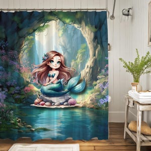 Enchanted Mermaid Weighted Fabric Shower Curtain, Mermaid Bathroom Decor, Mythic Friendly Mermaid Fantasy Legendary Watercolor Child Kid