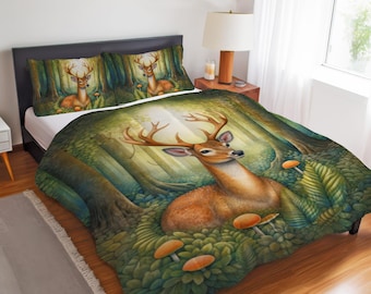 Woodland Deer Bettwäsche-Set, rustikale Waldtröster, Bettbezug oder Quilt-Set, naturinspiriertes Boho Serene Magical Forest Schlafzimmerdekor