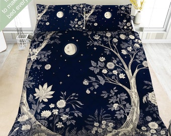 Twilight Forest Floral Bedding Set, Duvet Set, Comforter Set Or Quilt Set, Dark Forest Bedding Moon Stars Celestial Nature Decor Forestcore