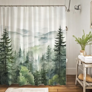 Rideau de douche forêt brumeuse montagne, décoration de salle de bain forêt, rideau de douche de luxe en tissu lesté résistant à l&#39;eau design d&#39;intérieur