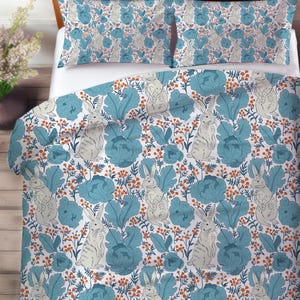 William Morris Style Garden  Bedding Set, Duvet Set, Comforter Set Or Quilt Set, Cottage Bedding Elegant Nature Decor Teal Grey Blue White
