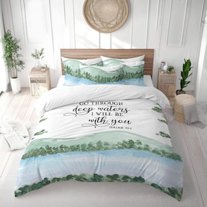 Woodland Lake Christian Bedding Set, Bible Verse Decor, Scripture Art Christian Gift, Isaiah 43:2 Duvet Cover, Comforter or Quilt Set