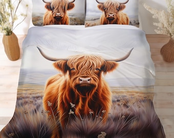 Beddengoedset Highland Cow, dekbedset, dekbedset of quiltset, Highland Cow Art, decor Highland Cow, boerderijbeddengoed