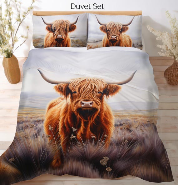 Highland Cow Bedspread Coverlet Set - King Size, Quilted Buffalo Check, Farmhouse Animal Print