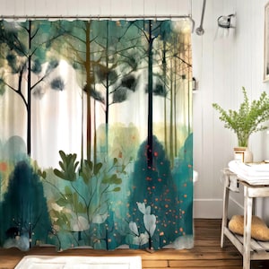 Landhaus Volkskunst Land Wald Duschvorhang, Landschaft Wald Badezimmer Dekor, Mitte des Jahrhunderts rustikale ruhige gewichtete Stoff Duschvorhang