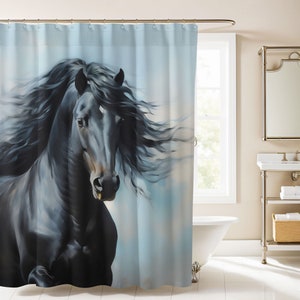 Black Horse Shower Curtain, Horse Bathroom Decor, Interior Design Luxury Water Resistant Curtain, Nature Bathroom Decor, Horse Lover Gift