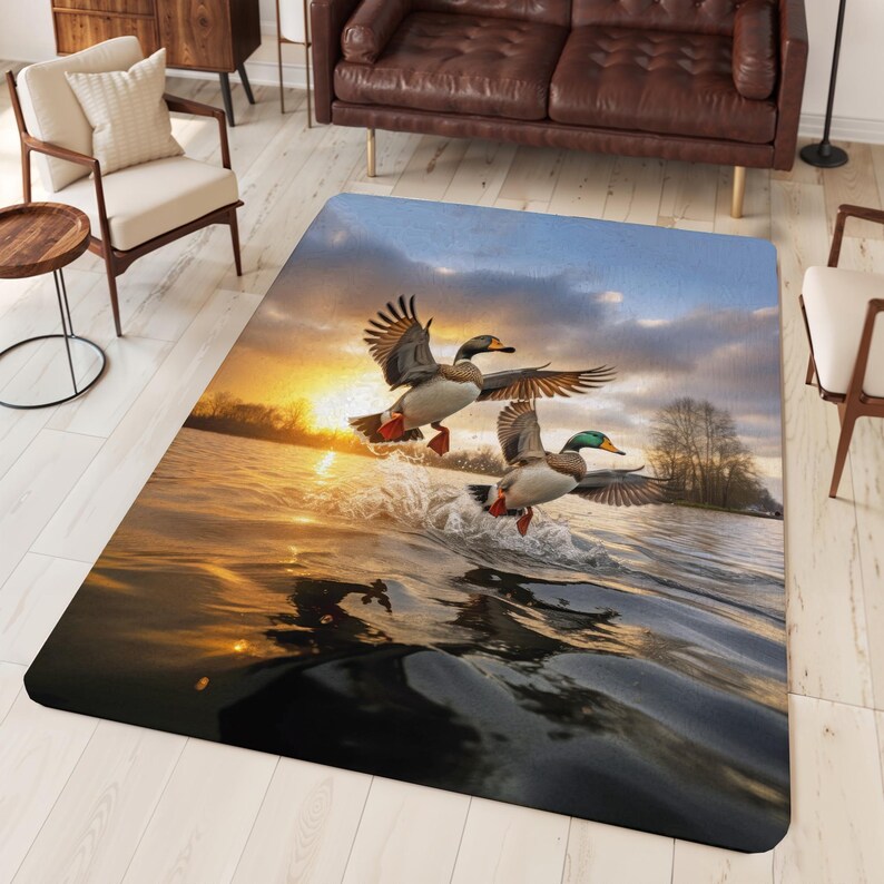 Mallard Duck Sunset Flight Area Rug, Wildlife Nature Floor Art, Lake ...
