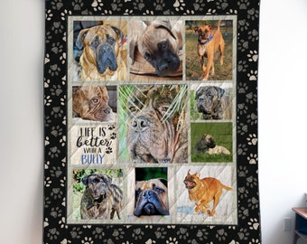 Personalized Bullmastiff Photo Quilt Blanket or Wall Hanging with your dog, Custom Bullmastiff Blanket, Gift for Bullmastiff Lover Mom Dad