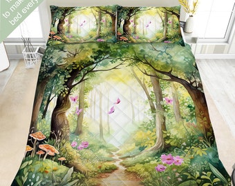Parure de lit aquarelle forêt enchantée, parure de lit, couette, édredon ou édredon, belle literie forêt, décoration élégante, décoration nature