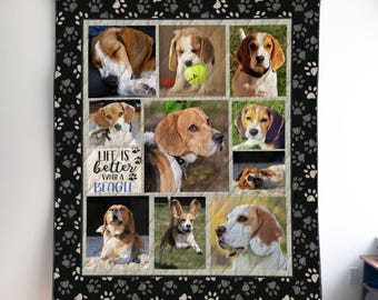 Personalized Beagle Photo Quilt Blanket or Wall Hanging with your dog, Custom Beagle Blanket, Gift for Beagle Lover Mom Dad