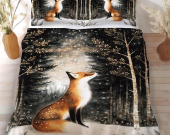 Conjunto de cama rústico com raposa da floresta, edredom, capa de edredom ou colcha com raposa da floresta nórdica de inverno, decoração rústica para cabana ou chalé com tema de natureza.