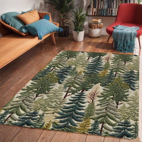 Alfombra encantadora con diseño de bosque de pinos, estilo cabaña rústica, decoración de suelo de perfil bajo inspirada en la naturaleza.