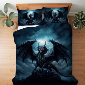 Ensemble de literie Dragon tempête de minuit, décoration dragon gothique, housse de couette bleu dragon légendaire médiéval-fantastique, édredon ou ensemble de couette