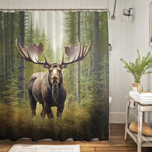 Elch Duschvorhang, Wald Badezimmer Dekor, gewichteter Luxus Duschvorhang, Natur Badezimmer Dekor, Elch-Liebhaber Geschenk, Wildlife North Woods
