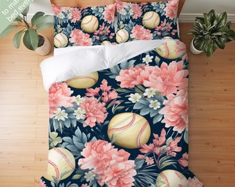 Softball Baseball Floral Bedding Set, Duvet Set, Comforter Set Or Quilt Set, Gift for Softball Baseball Player Lover, Softball Sport Decor