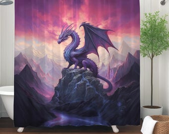 Mystical Dragon Weighted Fabric Shower Curtain, Gothic Dragon Bathroom Decor, Medieval Fantasy Legendary Dragon Lover Gift