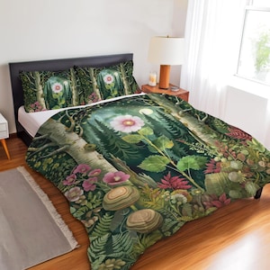 Rustieke botanische bos beddengoedset, stokroosbloemdekbed, dekbedovertrek of quiltset, vintage Cottagecore bloemen bostuindecor