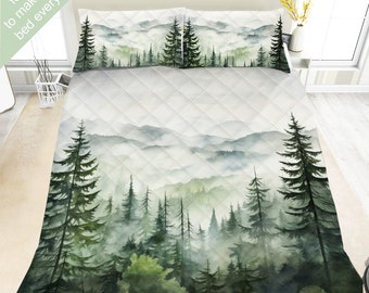 Misty Forest Mountain beddengoedset, dekbedset, dekbedset of dekbedset, prachtig landschapsbeddengoed, elegant cabinedecor, pijnbomen natuur