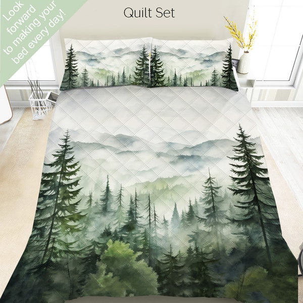 Misty Forest Mountain Bettwäsche-Set, Bettdecken-Set, Tröster-Set oder Quilt-Set, wunderschöne Landschaftsbettwäsche, elegante Hüttendekoration, Kiefern, Natur