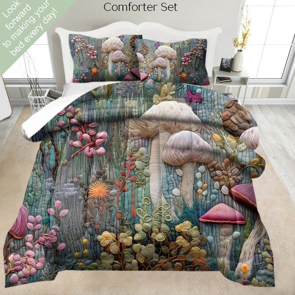 Enchanting Mushroom Bedding Set, Duvet Set, Comforter Set Or Quilt Set, Embroidery Effect, Mushroom Decor Bedding, Luxury Original Bedding