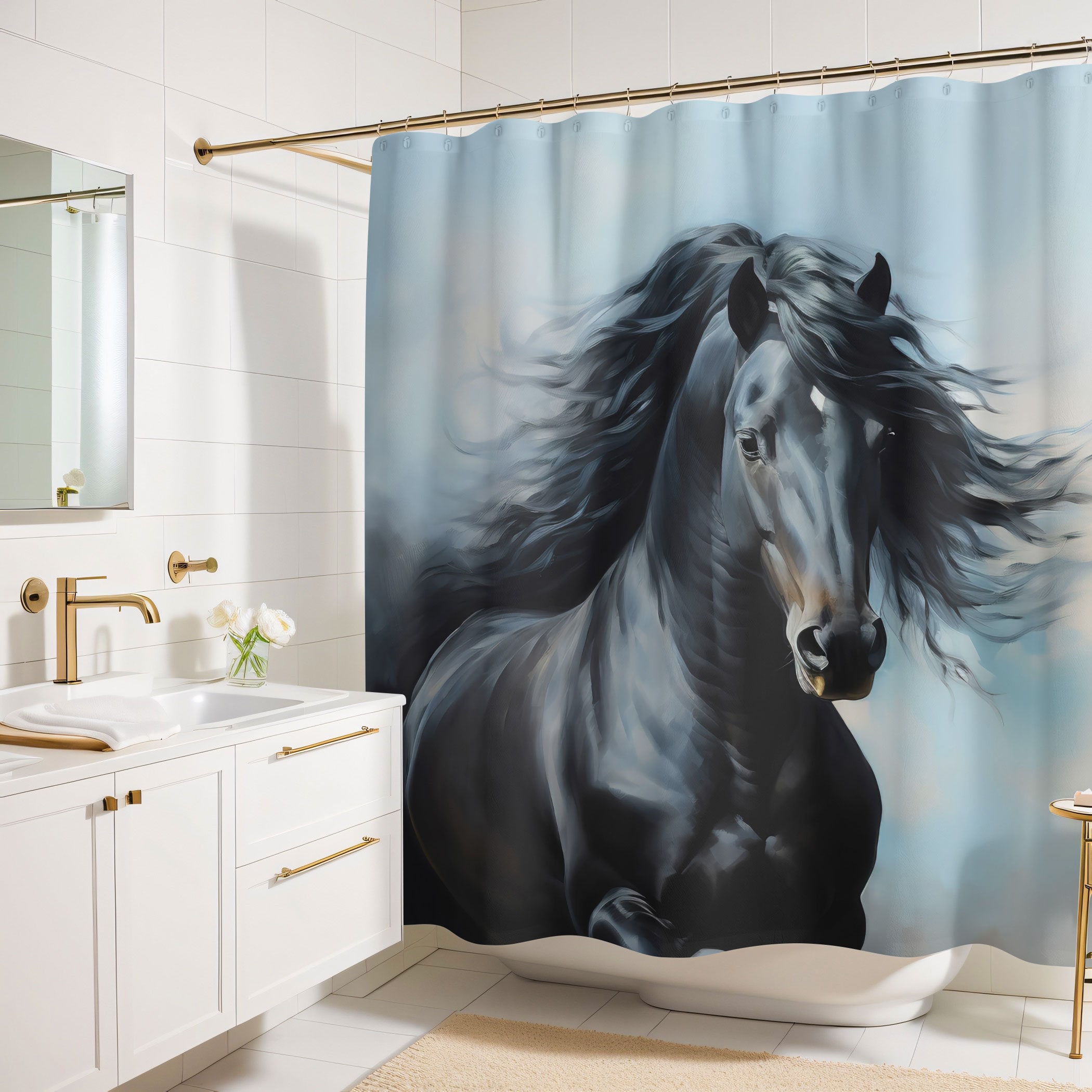 Black Horse Shower Curtain, Horse Bathroom Decor, Interior Design Luxury Weighted Shower Curtain, Nature Bathroom Decor, Horse Lover Gift