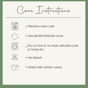 care instructions for washing clothes, including machine washing cold, using a gentle/delicate cycle, drying on low or no heat, and hanging dry. It also mentions not using bleach and washing with similar colors.