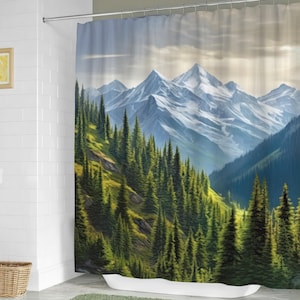 Rideau de douche majestueux pins des montagnes, décoration de salle de bain forêt, rideau de douche en tissu lesté résistant à l&#39;eau montagne brumeuse