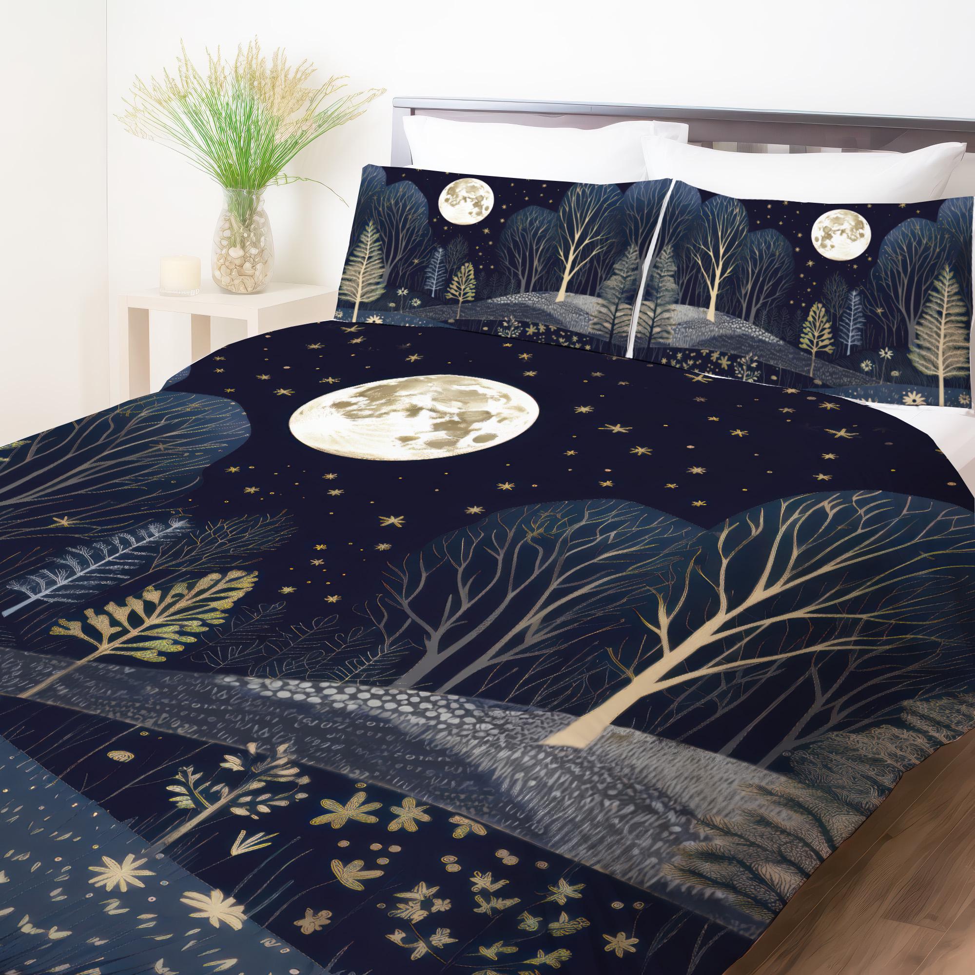Twilight Forest Meadow Bedding Set, Duvet Set, Comforter Set Or Quilt Set, Dark Forest Bedding, Moon Stars Celestial Nature Decor Cottage