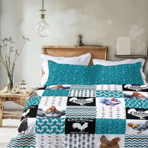 Rustic Teal Chicken Whisperer Bedding Set, Farmhouse Rooster Patchwork Decor, Cottage Vintage Style Duvet Cover, Comforter or Quilt Set