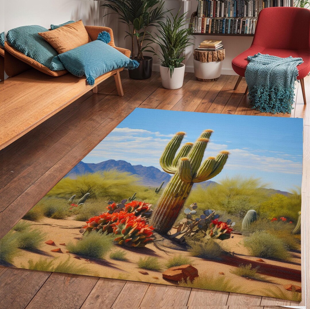 Desert Blooming Cactus Area Rug Carpet, Beautiful Desert Landscape Rug ...