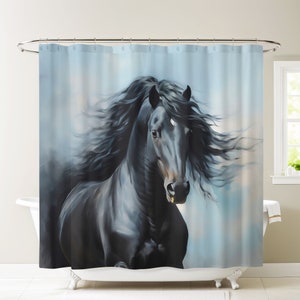 Black Horse Shower Curtain, Horse Bathroom Decor, Interior Design Luxury Water Resistant Curtain, Nature Bathroom Decor, Horse Lover Gift