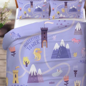 Fairytale Adventure Map Bedding Set, Duvet Set, Comforter Set Or Quilt Set, Interactive Kids Bedding with Magical Forest, Dragons & Castles