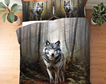Majestätisk vargskogsbäddset, dimmig skogsmark Northwoods djurlivsdekor, present till vargälskare påslakan, täcke eller quiltset