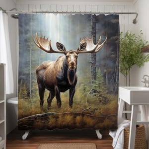 Elch Duschvorhang, Wald Badezimmer Dekor, gewichteter Luxus Duschvorhang, Natur Badezimmer Dekor, Elch-Liebhaber Geschenk, Wildlife North Woods