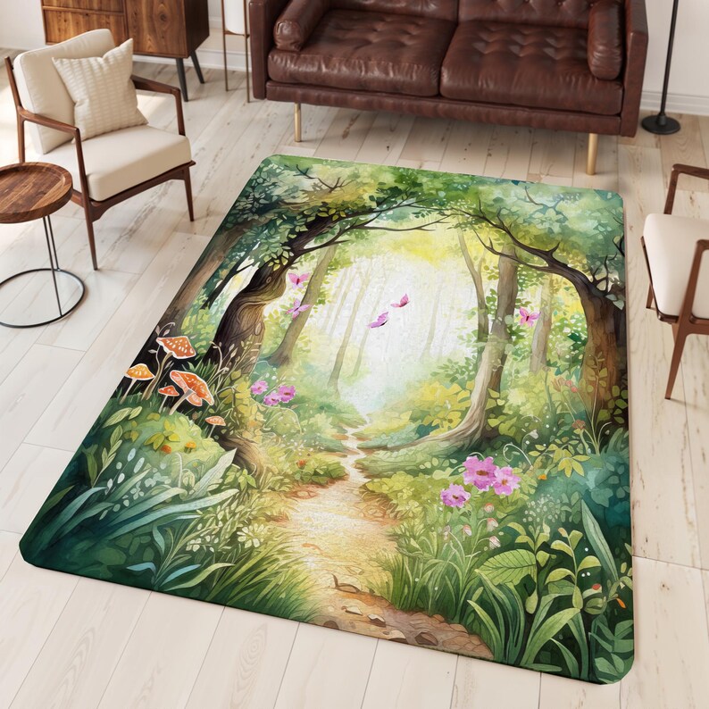 Enchanted Forest Area Rug, Whimsical Watercolor Woodland Decor ...