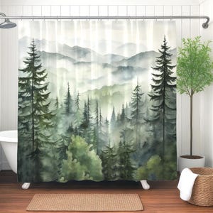 Misty Mountain Forest Shower Curtain, Forest Bathroom Decor, Rustic Pines Water Resistant Weighted Fabric Shower Curtain