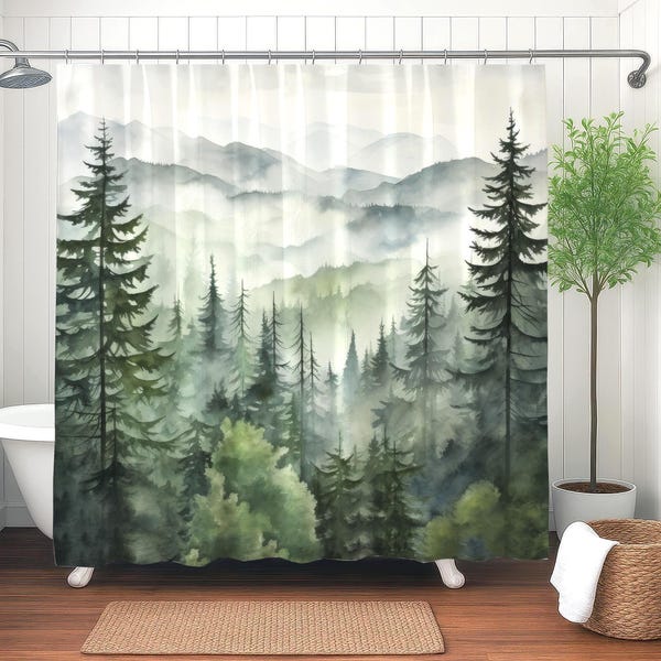 Misty Mountain Forest Shower Curtain, Forest Bathroom Decor, Rustic Pines Water Resistant Weighted Fabric Shower Curtain