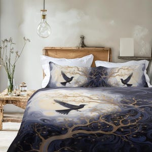 Mystical Raven & Moon Bedding Set, Gothic Celestial Tree Dark Cottagecore Decor, Magical Lunar Duvet Cover, Comforter or Quilt Set
