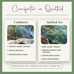 The image is a comparison between a comforter and a quilted set, highlighting their differences in weight, stitching, pillow shams, and edge binding. Both types are suitable for year-round use.