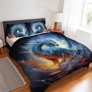 Set di biancheria da letto con drago mistico, decorazioni gotiche con drago, set copripiumino o trapunta blu medievale fantasy con drago leggendario, tana del drago