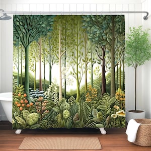 Bezaubernder sonnendurchfluteter Waldduschvorhang, gestickter Effekt NICHT gestickt, Waldbadezimmerdekor, wasserfester, stoffgewichteter Vorhang