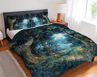 Conjunto de Cama Floresta Encantada Noturna, Decoração de Cama Floresta Mística com Tema da Natureza, Capa de Edredom ou Colcha dos Sonhos com Tema Floresta Fantástica