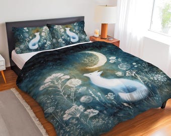 Himmlische Fuchs-Bettwäsche-Set, Tröster, Bettbezug oder gestepptes Set im mondbeschienenen Waldland, Nachthimmel-Tröster - zauberhaftes Cottagecore-Tier-Schlafzimmerdekor