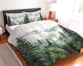 Misty Mountain Forest Bedding Set, Rustic Pine Tree Cabin Decor, Farmhouse Cottage Landscape Watercolor Duvet Cover, Comforter or Quilt Set