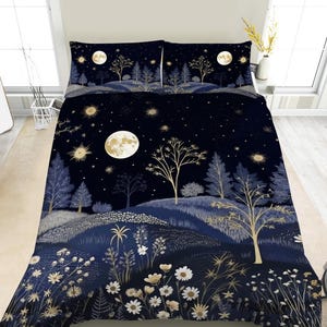 May include: A dark blue bedding set featuring a celestial landscape design. The set includes a duvet cover and two pillowcases, all adorned with a night sky scene with a full moon, stars, trees, and floral elements in gold and white.