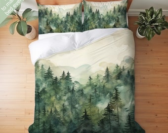 Juego de ropa de cama de bosque vintage, juego de edredón, juego de edredón o juego de edredón, hermosa ropa de cama de bosque, decoración elegante, decoración de la naturaleza, arte de acuarela