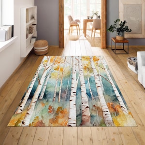 Watercolor Birch Forest Area Rug, Autumn Nature Decor, Modern Farmhouse Cabin Rug, Fall Aspen Tree Carpet