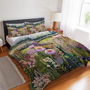 May include: A bedding set featuring a duvet cover and two pillowcases with a vibrant, textured print of a lush meadow filled with pink, purple, and white wildflowers, green grasses, and rolling hills under a soft, light-filled sky.