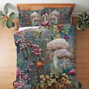 Enchanted Mushroom Bedding Set, Faux Embroidery Print Whimsical Decor, Storybook Cottage Duvet Cover, Comforter or Quilt Set