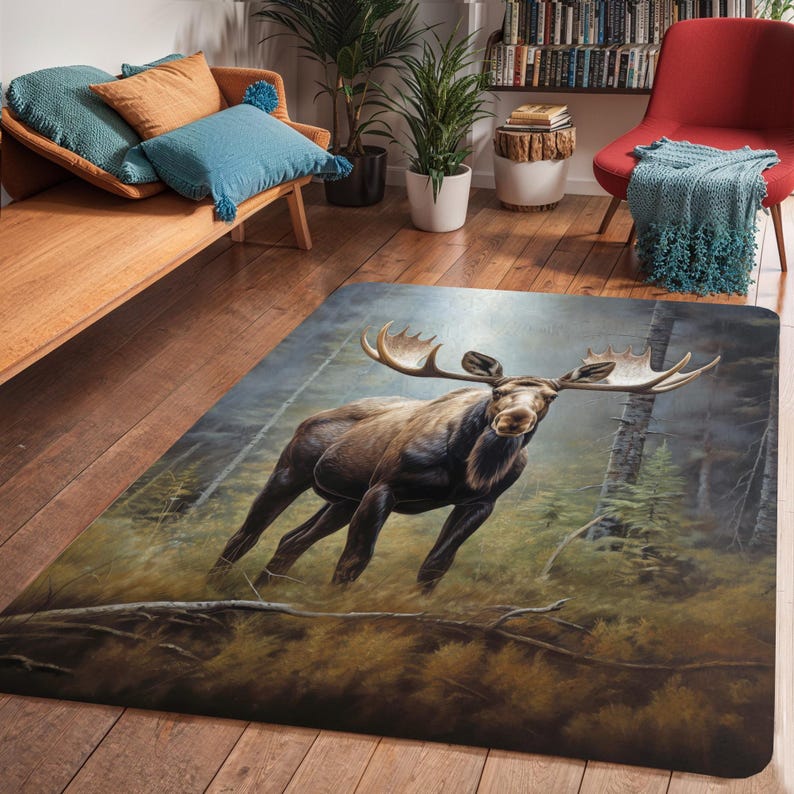 Real Moose Rug Majestic Moose Misty Forest Area Rug, Wildlife Nature Decor, Gift for ...